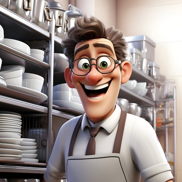 Ilustração 3D de um personagem de desenho animado em uma cozinha de baristas