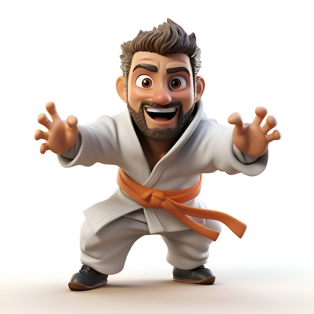 Foto ilustração 3d de um personagem de desenho animado fazendo exercícios de karatê em fundo branco