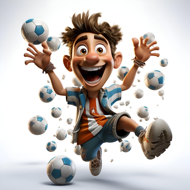 Ilustração 3D de um personagem de desenho animado pulando com muitas bolas de futebol