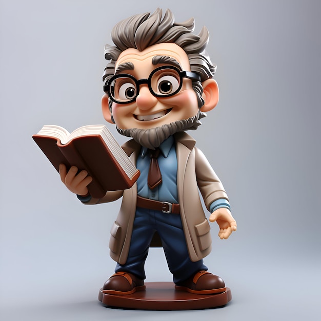 Ilustração 3D de um personagem de desenho animado sênior com um livro