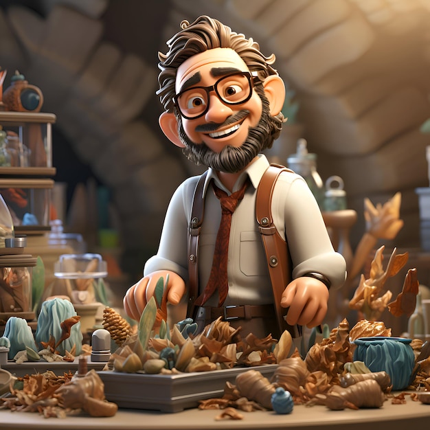 Ilustração 3d de um personagem de desenho animado sentado em uma oficina de cerâmica