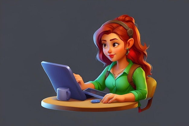 Ilustração 3D de um personagem de designer gráfico feminino trabalhando em um tablet