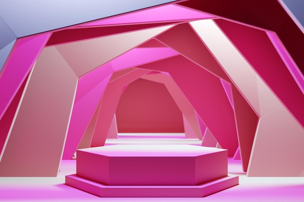 Ilustração 3D de um pódio de círculo rosa no fundo de uma composição geométrica. renderização 3D. Fundo de geometria minimalista