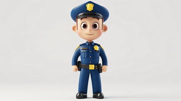 Ilustração 3D de um policial amigável Ele está vestindo um uniforme azul e um chapéu com um distintivo Ele tem uma arma no cinto e um walkie talkie