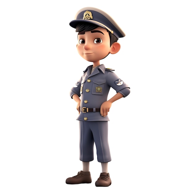 Ilustração 3D de um policial bonito com um boné e uniforme