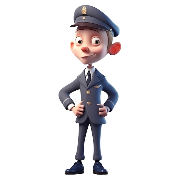 Ilustração 3D de um policial com chapéu e pose de uniforme em pé