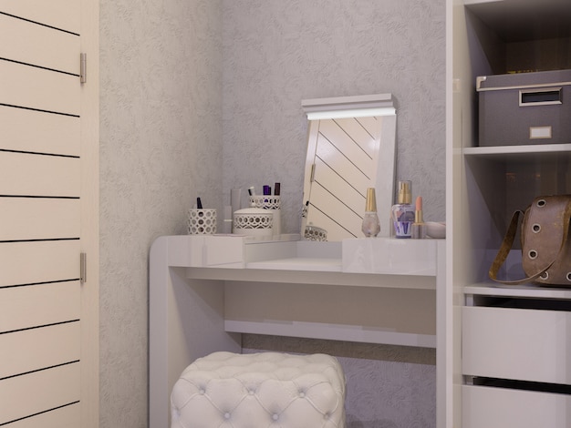Ilustração 3D de um quarto branco em estilo moderno