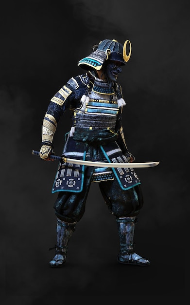 Ilustração 3d de um samurai vestindo armadura azul e verde segurando uma espada katana em cada mão