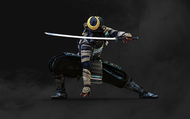 Ilustração 3d de um samurai vestindo armadura azul e verde segurando uma espada katana em cada mão