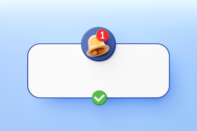 Ilustração 3d de um sino amarelo com uma nova notificação de lembrete de mídia social em fundo azul