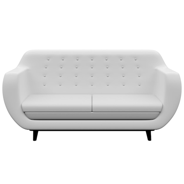 ilustração 3D de um sofá branco em estilo retrô dos anos 60 em um fundo branco