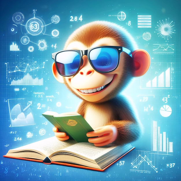 Ilustração 3D de um sorriso de macaco com óculos de sol lendo um livro e resolvendo análises de dados matemáticos