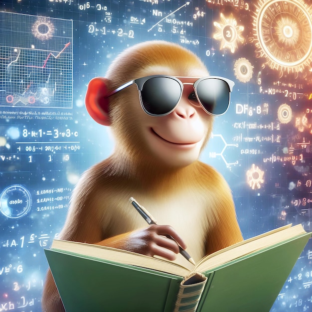 Ilustração 3D de um sorriso de macaco com óculos de sol lendo um livro e resolvendo análises de dados matemáticos
