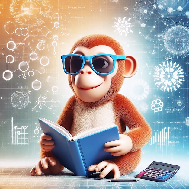 Ilustração 3D de um sorriso de macaco com óculos de sol lendo um livro e resolvendo análises de dados matemáticos
