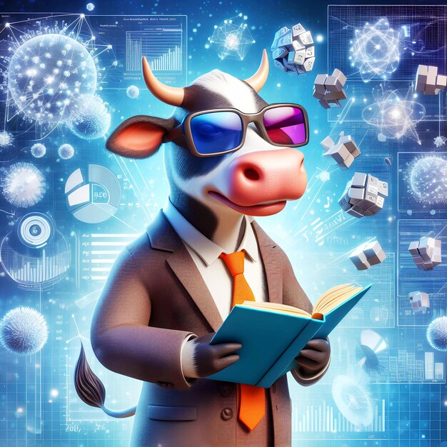 Ilustração 3d de um sorriso de vaca com óculos de sol lendo um livro e resolvendo dados analíticos de matemática