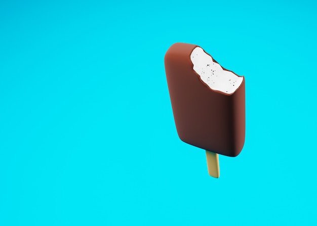 Ilustração 3d de um sorvete de creme mordido no esmalte de chocolate.