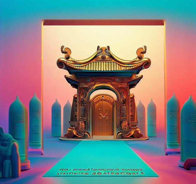 Ilustração 3D de um templo com um portão no meio
