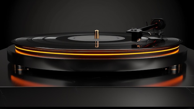 Foto ilustração 3d de um tocador de discos com um disco de vinil preto nele o tocador é iluminado por uma luz laranja quente