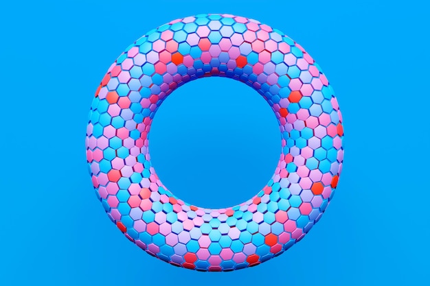 Foto ilustração 3d de um toro rosa e azul célula fantástica formas geométricas simples