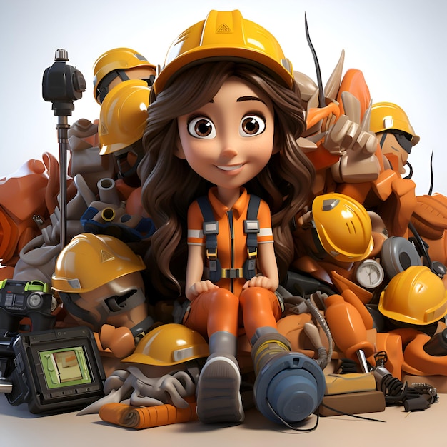Ilustração 3D de um trabalhador de construção de personagens de desenho animado com muitas ferramentas