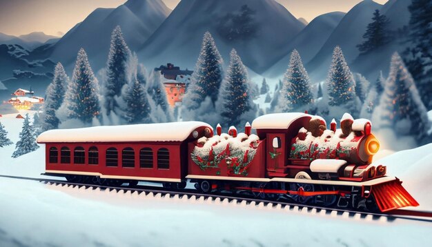 Foto ilustração 3d de um trem no fundo de montanhas nevadas