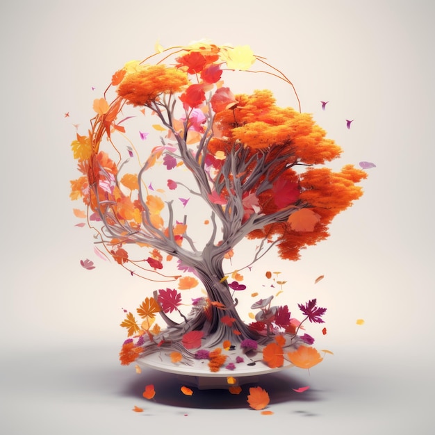 Ilustração 3D de uma árvore de outono com folhas
