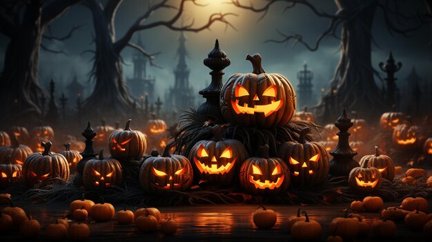 Ilustração 3D de uma bandeira feliz de Halloween com abóboras Jack o Lantern