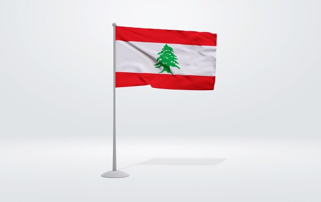 Ilustração 3D de uma bandeira libanesa estendida em um mastro e um cenário de estúdio ao fundo