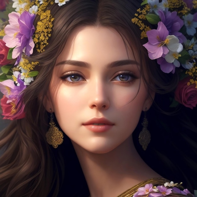 Ilustração 3D de uma bela jovem com flores no cabelo