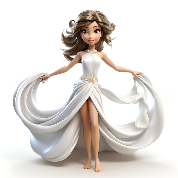 Ilustração 3D de uma bela mulher em um vestido branco em um fundo branco