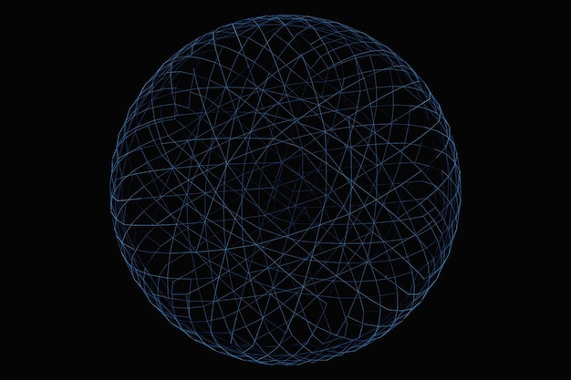 Ilustração 3D de uma bola de metal azul com muitas faces em um fundo preto Esfera de bola cibernética