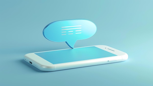 Ilustração 3D de uma bolha de bate-papo flutuando acima de um smartphone A bolha de chat é azul e o smartphone é branco