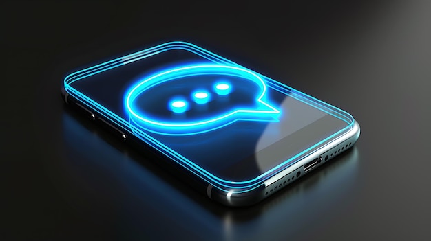 Ilustração 3D de uma bolha de chat em uma tela de smartphone A bolha de conversa é azul e tem três pontos nela, indicando que há uma nova mensagem