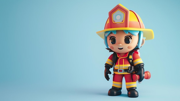 Ilustração 3D de uma bonita bombeira sorridente em uniforme e capacete segurando uma mangueira de incêndio isolada em um fundo azul