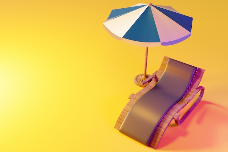 Foto ilustração 3d de uma cadeira de praia sob um guarda-sol listrado, em uma praia. conceito de férias de verão