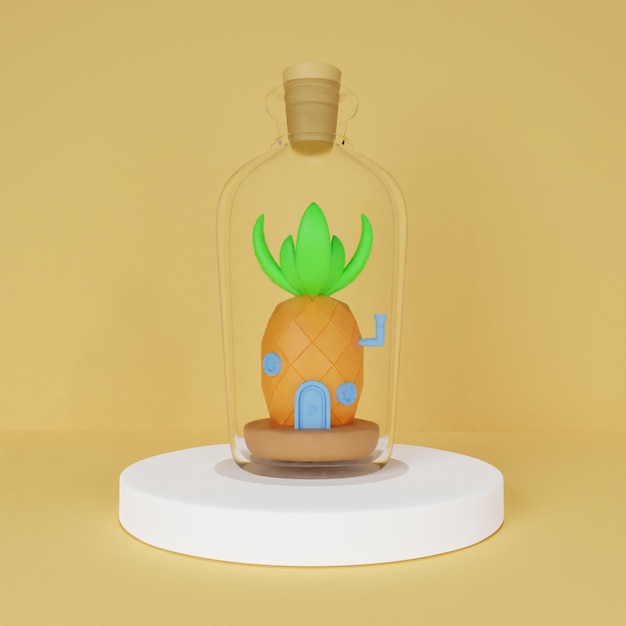 ilustração 3D de uma casa de abacaxi em uma garrafa