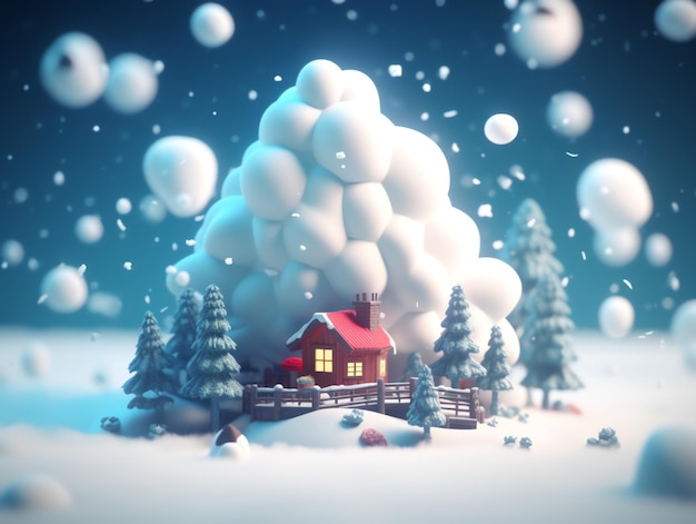 Ilustração 3D de uma casa em uma paisagem de neve