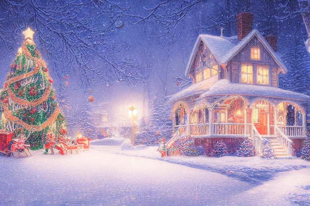 Ilustração 3d de uma casa na árvore de natal com enfeites e luzes coloridas cercadas por neve