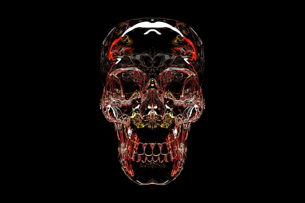 Ilustração 3D de uma caveira vermelha transparente em um fundo preto. Conceito de arte do crânio.