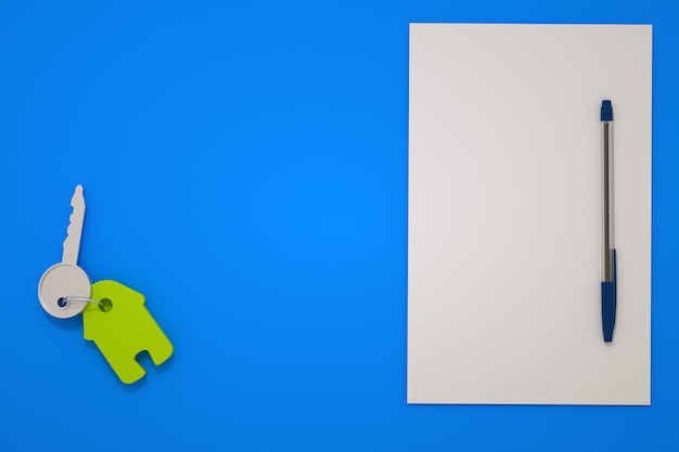 Ilustração 3D de uma chave de casa com um chaveiro verde em uma mesa azul. A chave está em um fundo azul isolado ao lado do papel e da caneta. Chave da casa, apartamento. Gráficos 3D