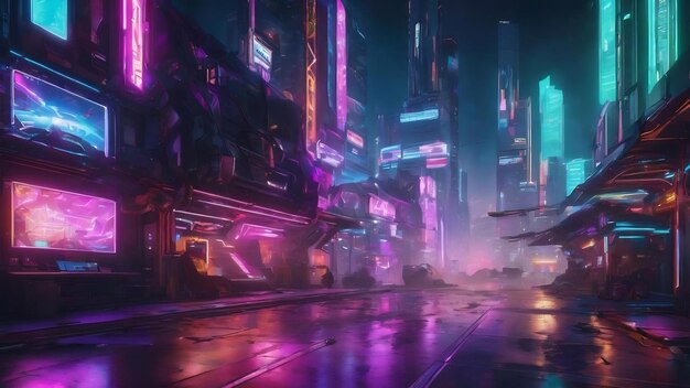 Ilustração 3D de uma cidade futurista de cyberpunk. Papel de parede de jogos. Fundo de scifi.