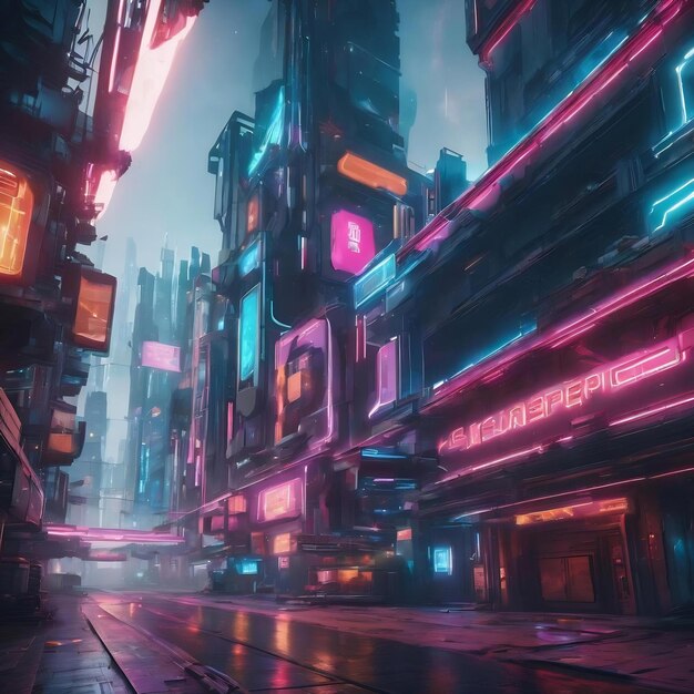 Ilustração 3D de uma cidade futurista de cyberpunk. Papel de parede de jogos. Fundo de scifi.