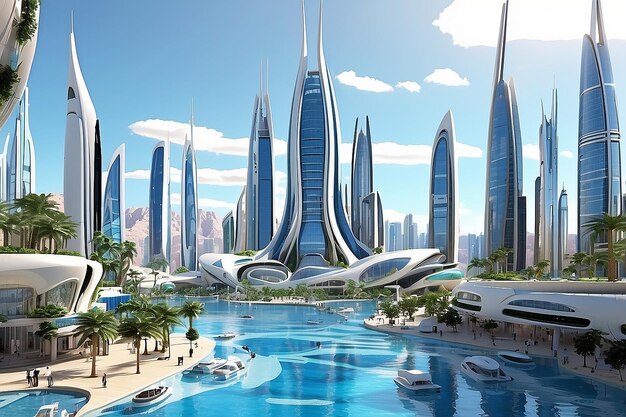 Ilustração 3D de uma cidade futurista