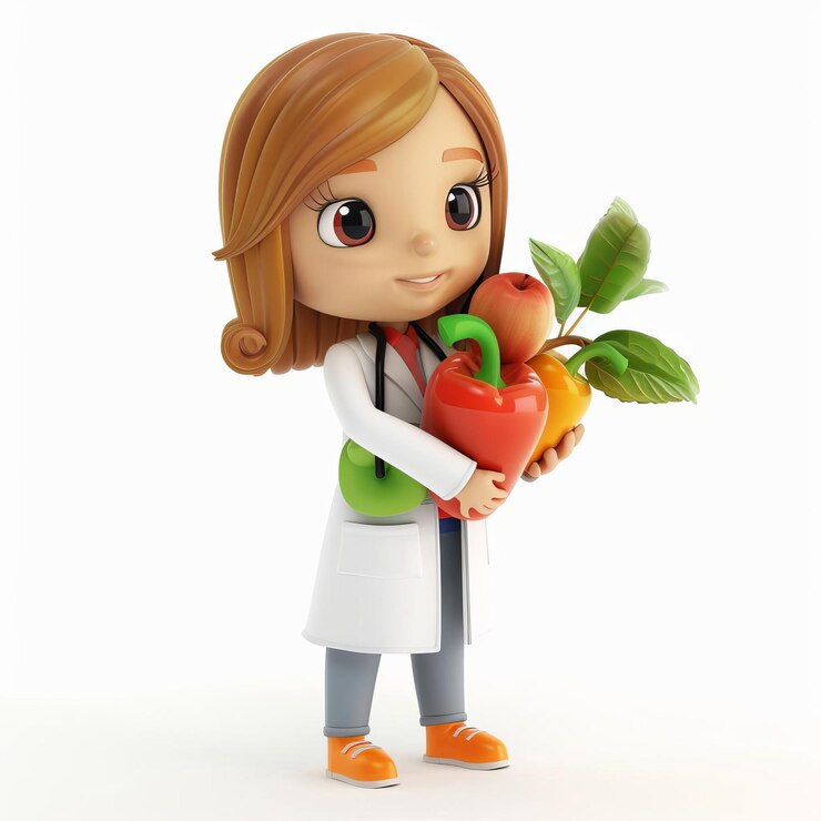 Foto ilustração 3d de uma cientista feminina em estilo de desenho animado segurando um símbolo de maçã e pimenta de tamanho grande