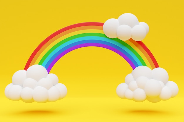 Ilustração 3D de uma cor do arco-íris com nuvens, céu. ilustração dos desenhos animados isolada em amarelo.