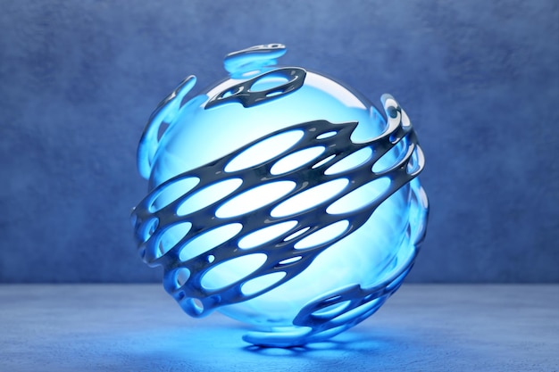 Ilustração 3D de uma esfera azul com muitas faces e buracos em um fundo azul Esfera de bola cibernética