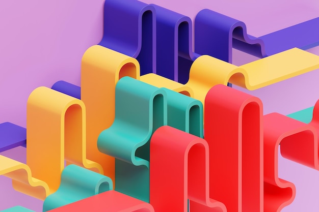 Ilustração 3D de uma faixa estéreo de diferentes cores Faixas geométricas semelhantes a ondas Abstracto padrão de linhas de cruzamento brilhantes coloridas