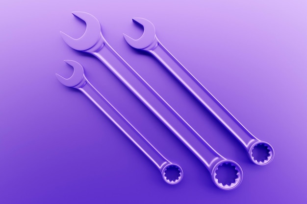 Ilustração 3D de uma ferramenta manual de chave roxa isolada em um fundo monocromático renderização 3D e ilustração de ferramenta de reparo e instalação