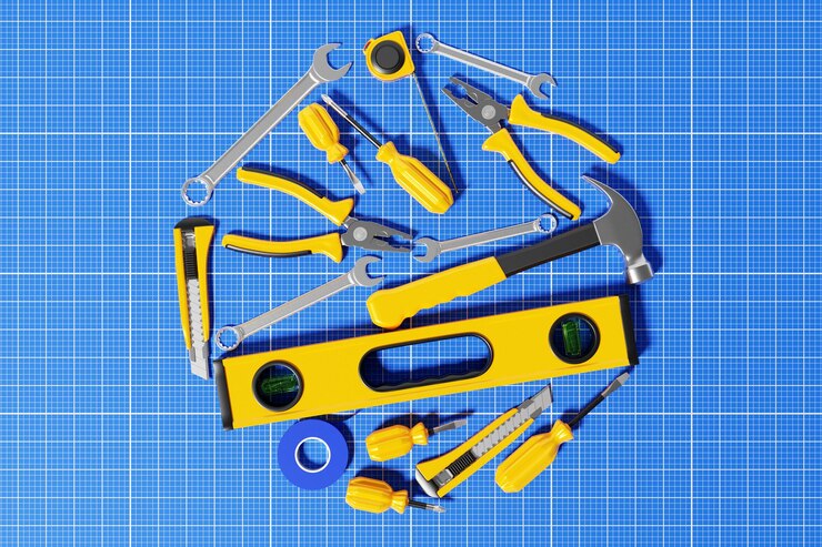 Foto ilustração 3d de uma ferramenta manual para reparo e nível de construção chave de fenda martelo alicate fita métrica conjunto de ferramentas