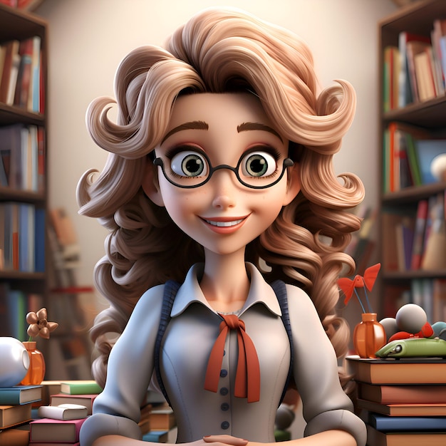 Ilustração 3D de uma garota bonita de desenho animado com óculos em uma biblioteca